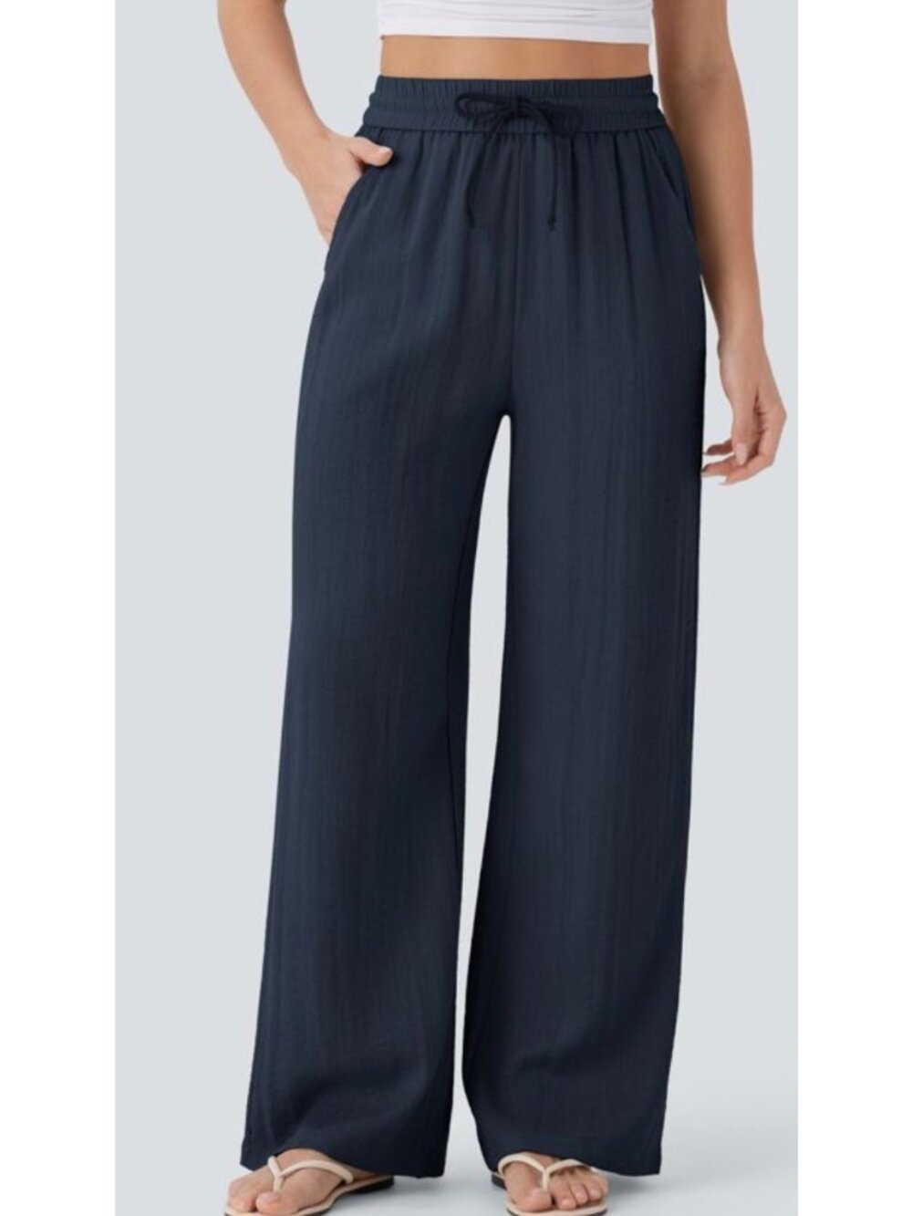Halara XS navy linen like Womens Wide-Leg Drawstring Pants XS Navy Blue Relaxed